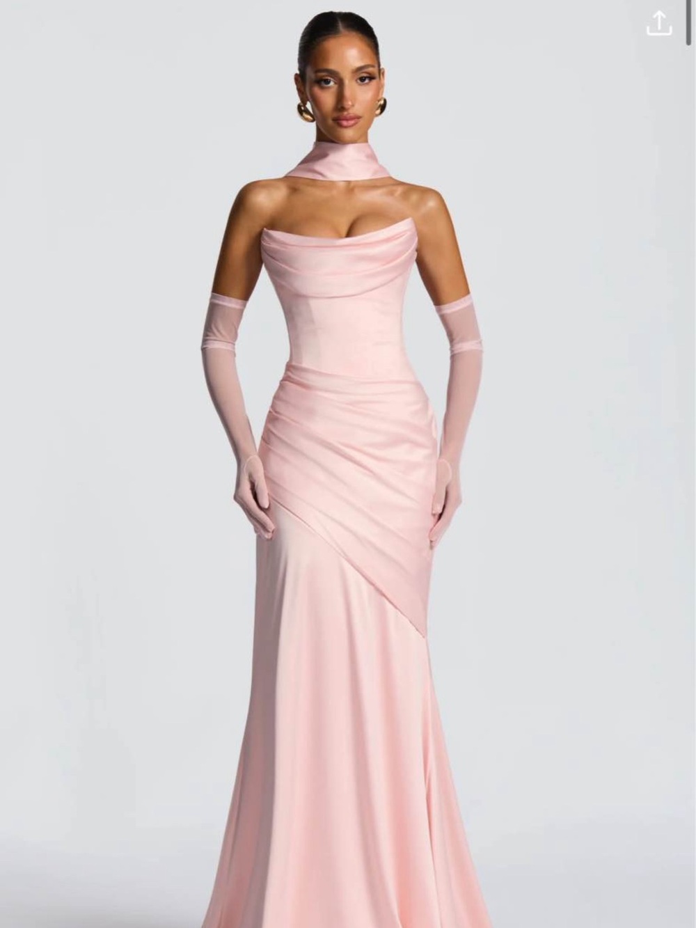 Blush Pink Draped Off-Shoulder Prom Gown with Sheer Gloves